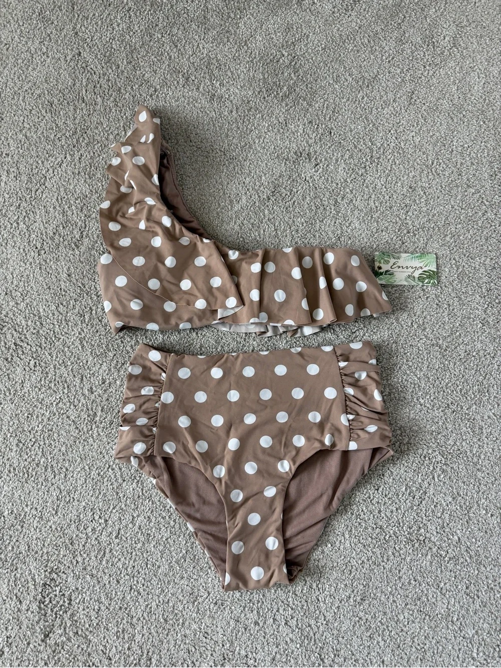 Polka Dot One-Shoulder Bikini Set in Taupe